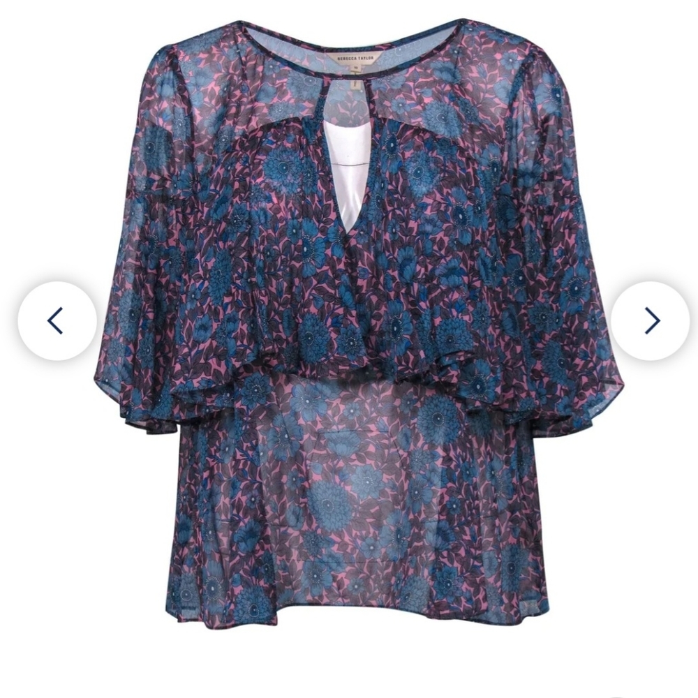 Rebecca Taylor Blue & Pink Floral Print Cap Sleeve Silk Blouse w/Flounce Size 4